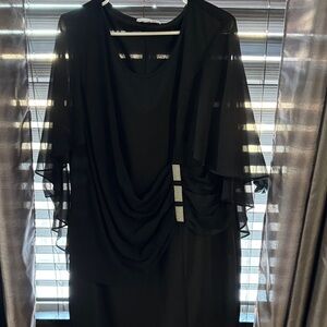 Black Long-Sleeve Draped Evening Dress with Rhinestone Accent